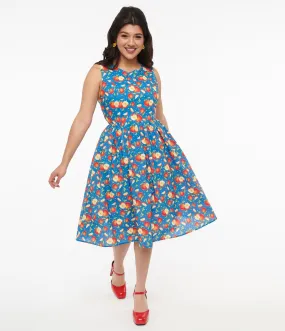 1950s Blue & Red Apple Print Cotton Swing Dress