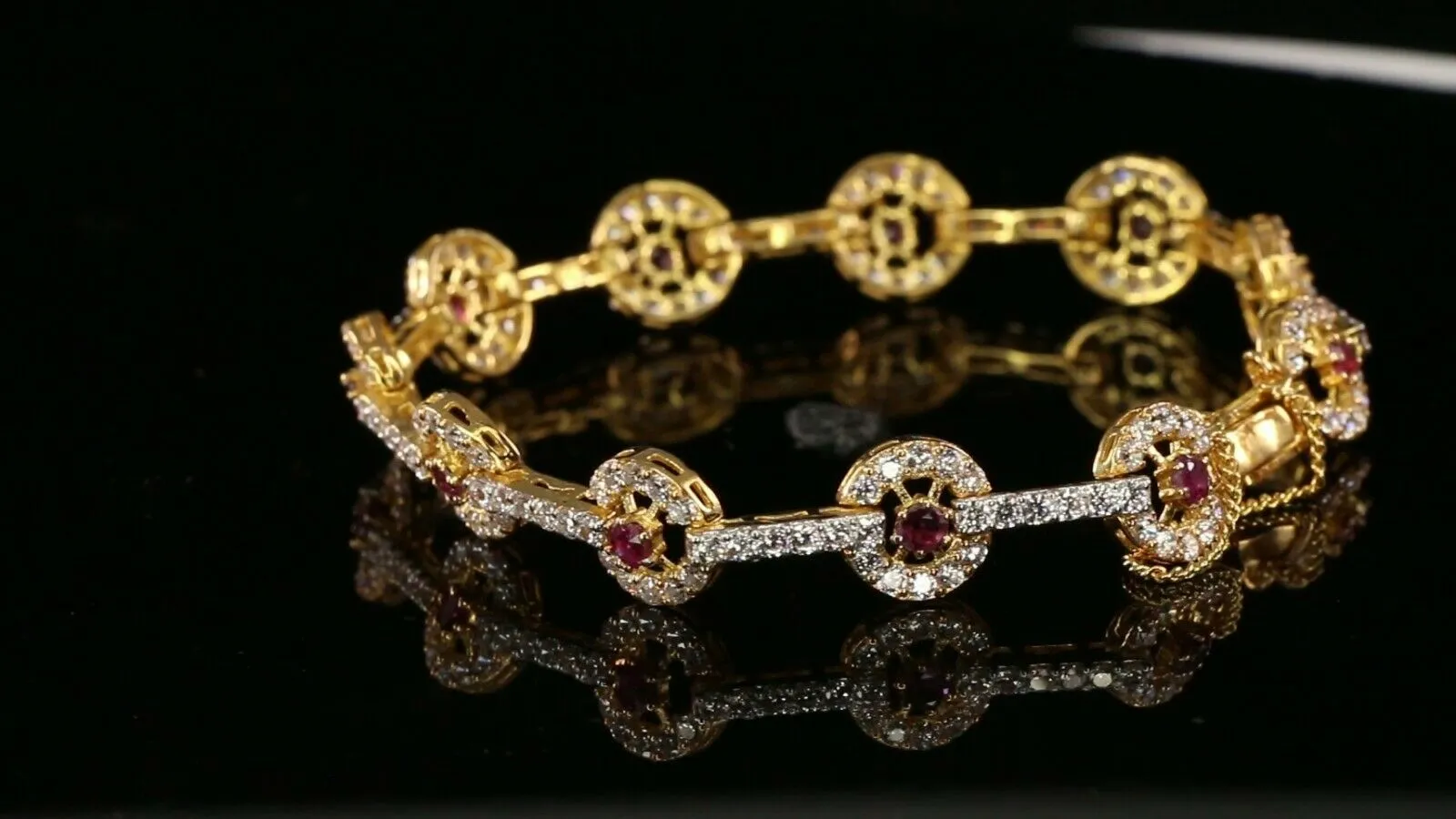 22k Bracelet Solid Gold Simple Charm Stone Encrusted With Ruby Design b4076