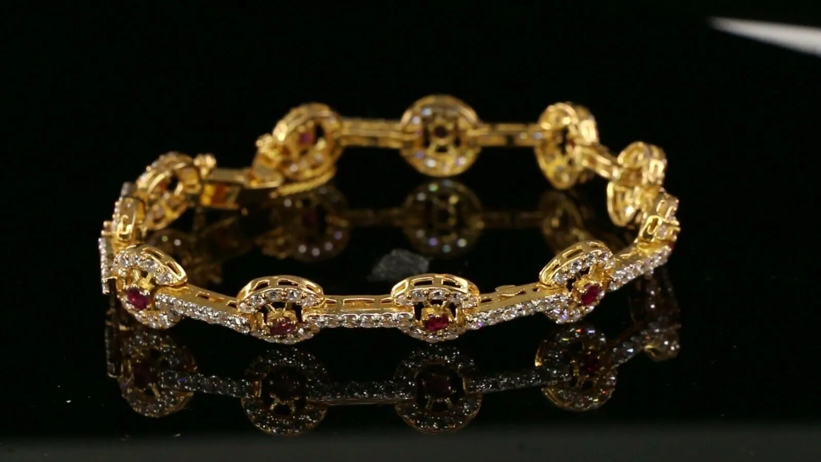 22k Bracelet Solid Gold Simple Charm Stone Encrusted With Ruby Design b4076