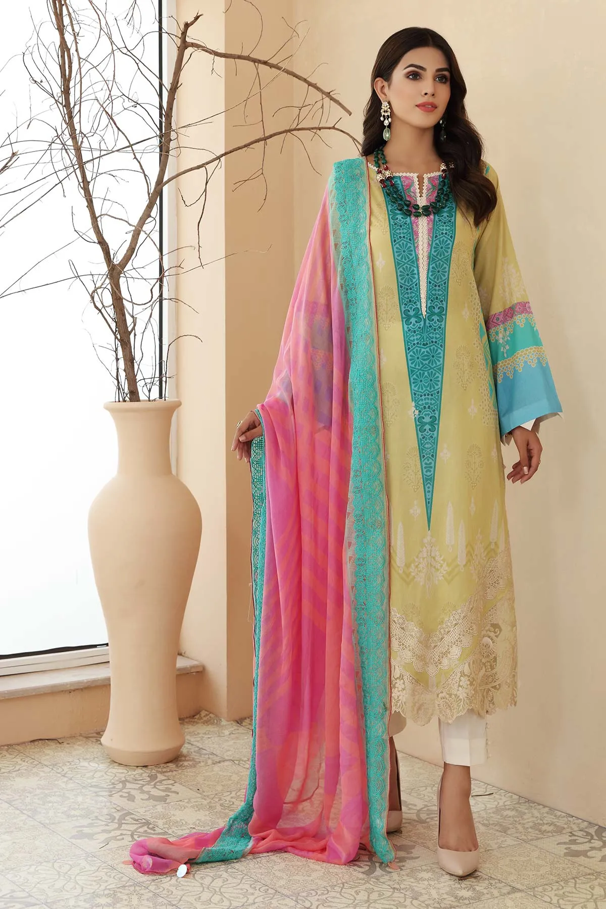 3 Pc Unstitched Embroidered Lawn With Chiffon Dupatta CEL-17