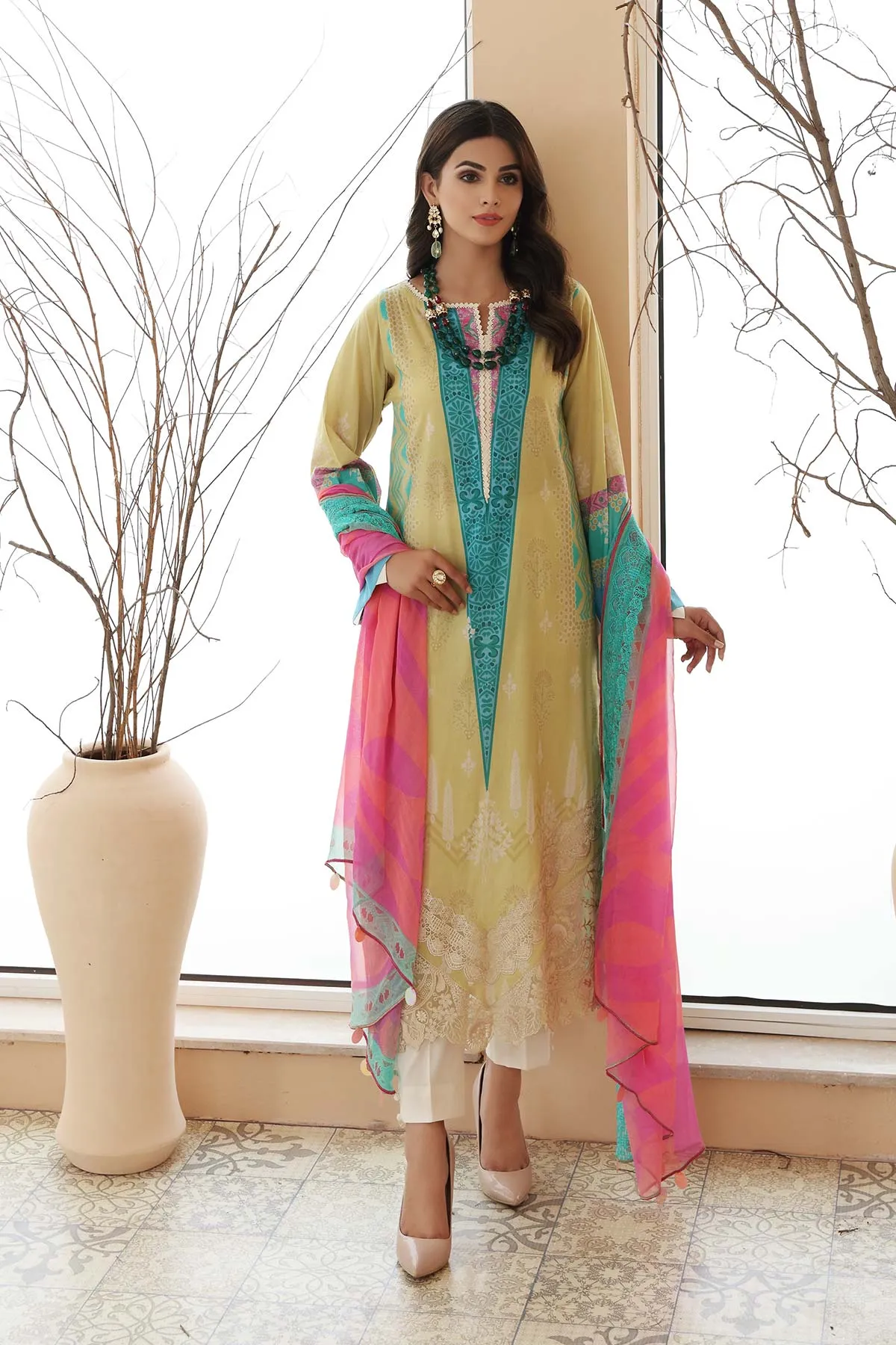 3 Pc Unstitched Embroidered Lawn With Chiffon Dupatta CEL-17