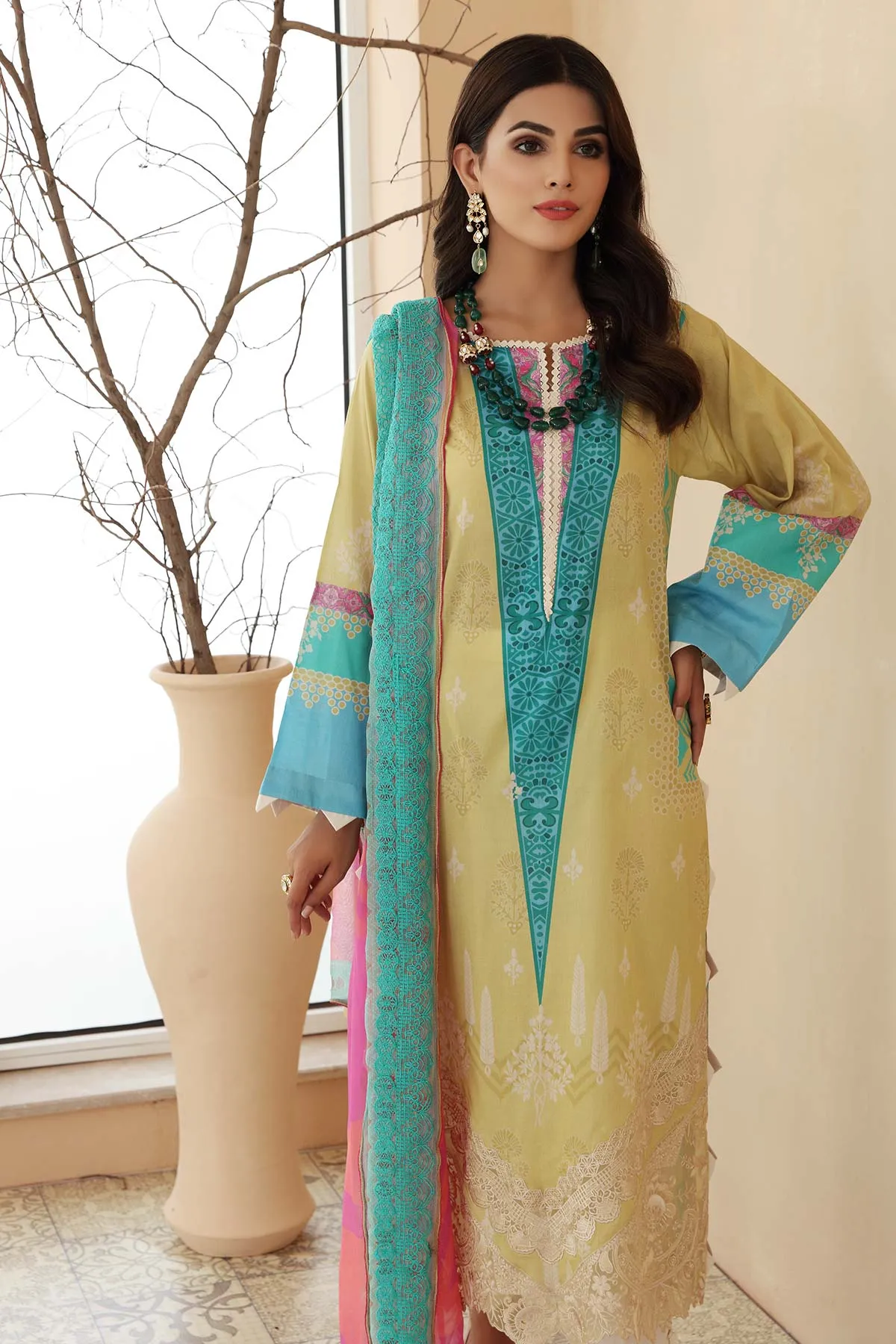 3 Pc Unstitched Embroidered Lawn With Chiffon Dupatta CEL-17