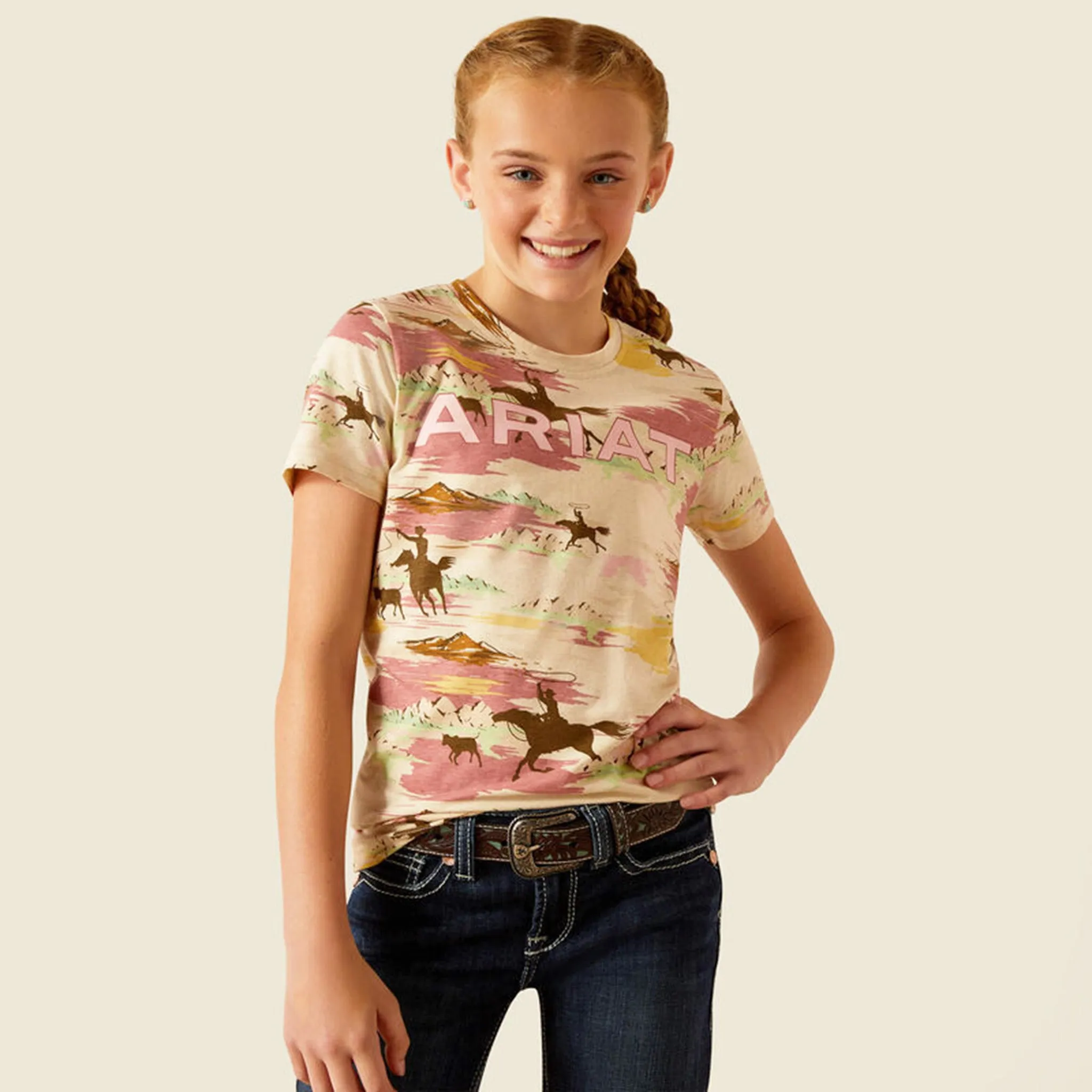 Ariat Girls Tan/Pink Print Tee