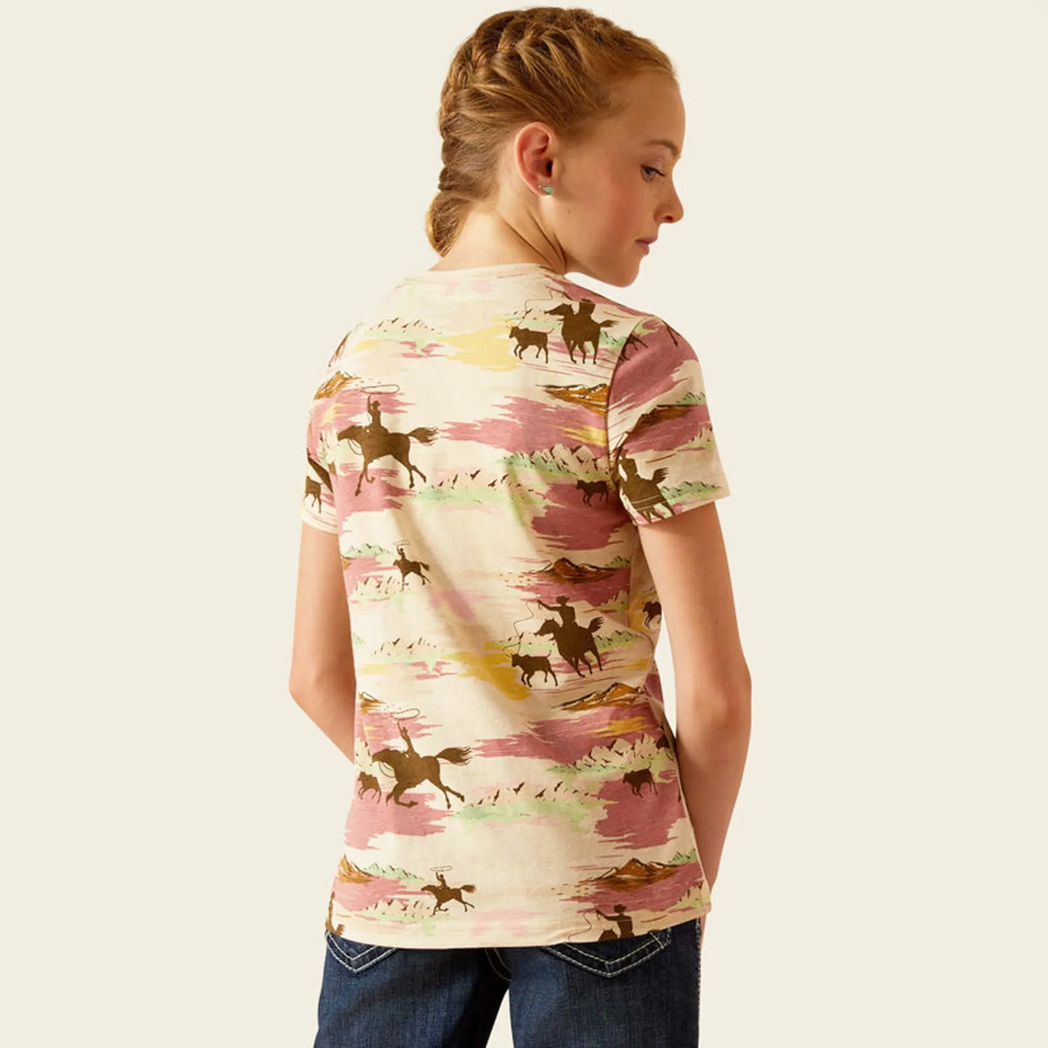 Ariat Girls Tan/Pink Print Tee