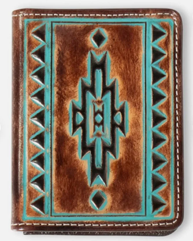 Ariat Western Men Wallet Bifold Leather Turquoise Outline Brown