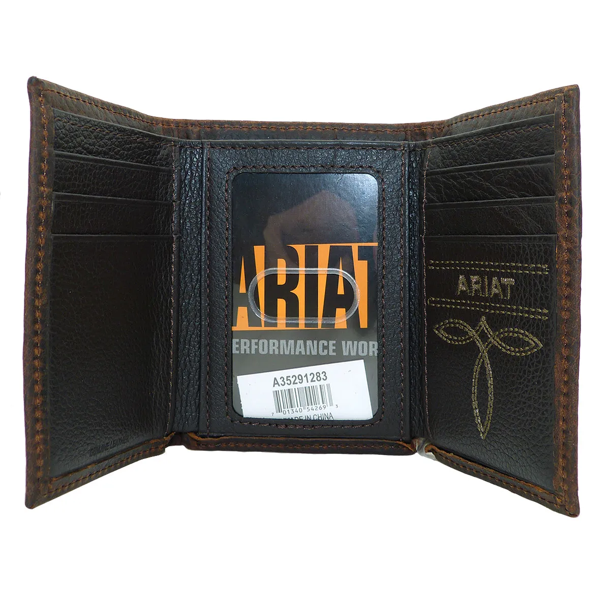 Ariat Western Mens Leather Shield Dark Brown Rowdy Tri-Fold Wallet