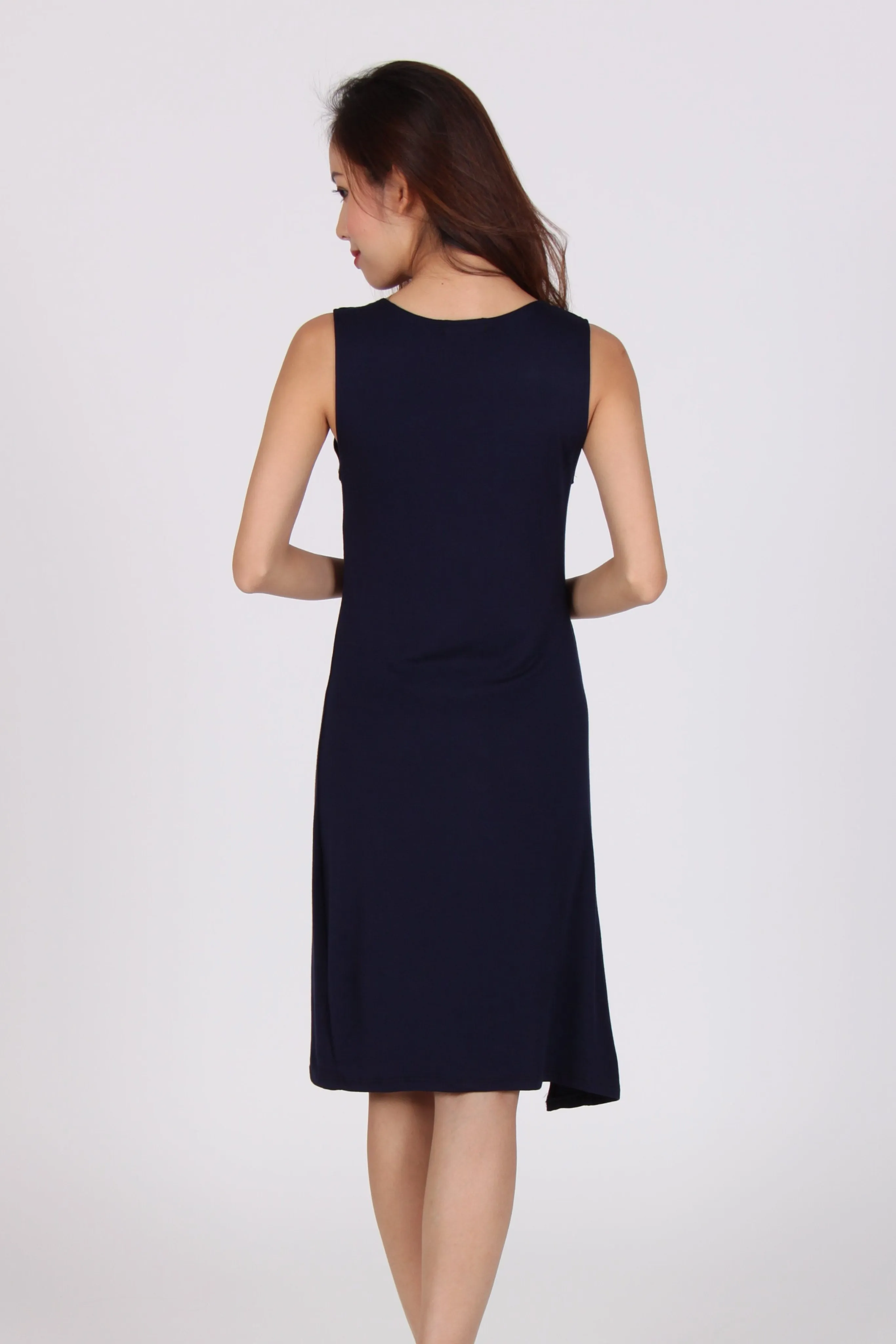 Basic V Neck Single Side Slit Cotton Dress in Navy Blue