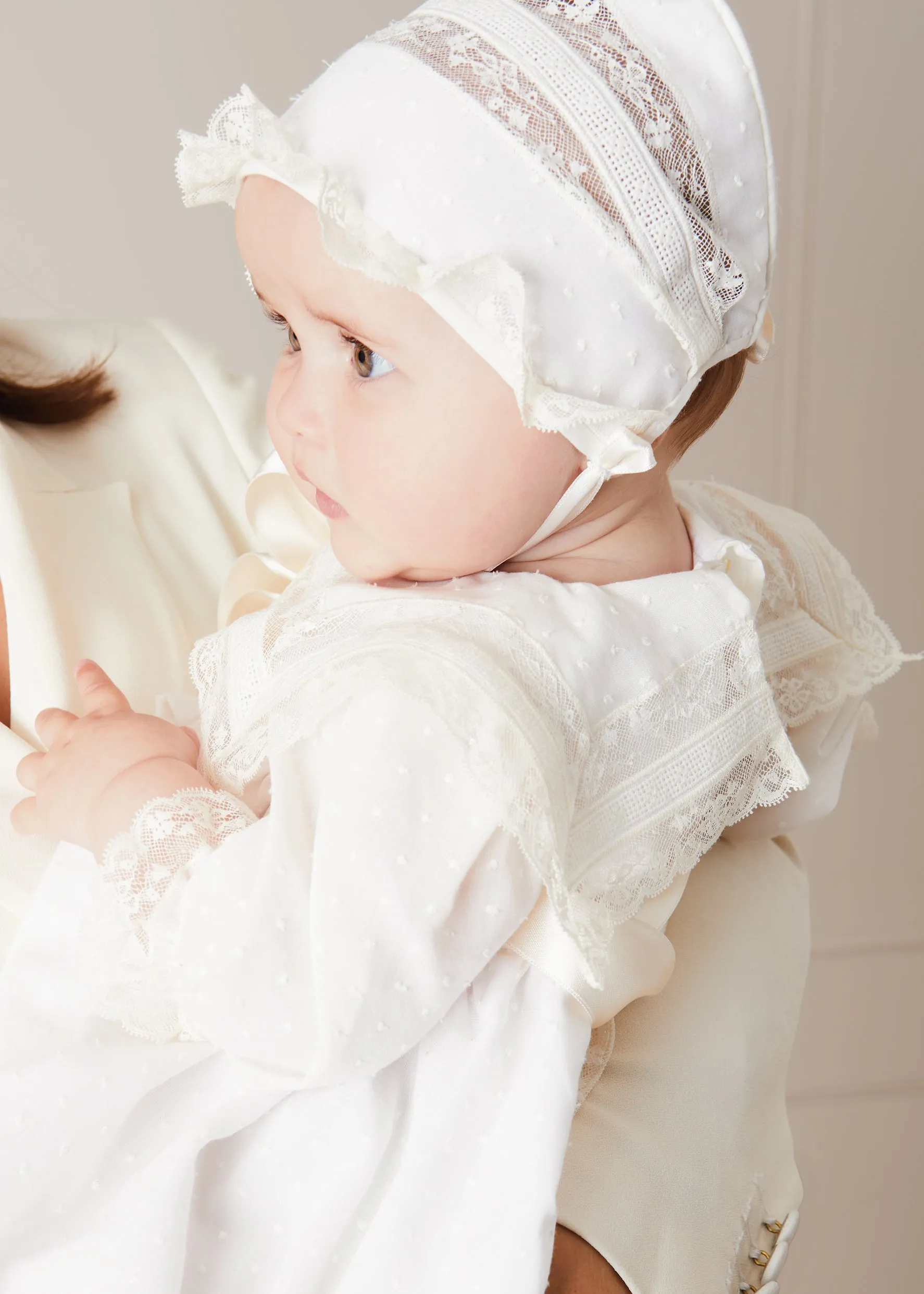 Bespoke Traditional Christening Gown with Front Satin Sash and Bonnet