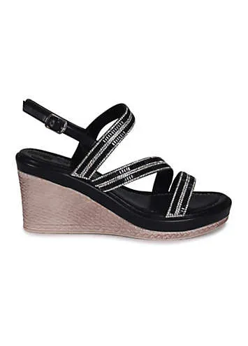 Bianco Black Faux Leather Painted Woven Wedge with Diamante Front Straps by Linzi | Look Again