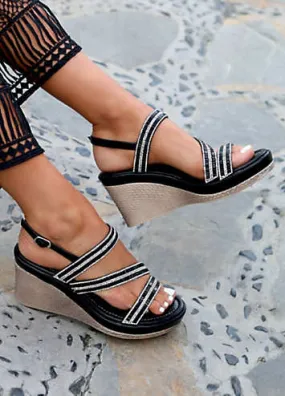 Bianco Black Faux Leather Painted Woven Wedge with Diamante Front Straps by Linzi | Look Again