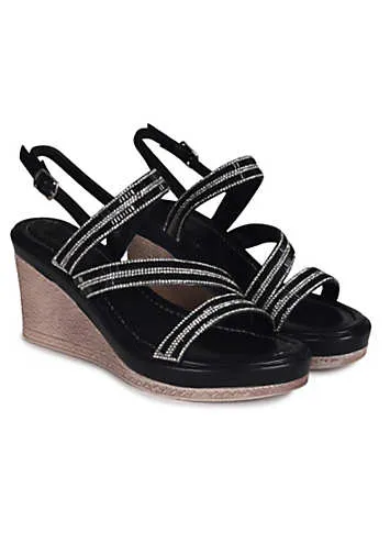 Bianco Black Faux Leather Painted Woven Wedge with Diamante Front Straps by Linzi | Look Again