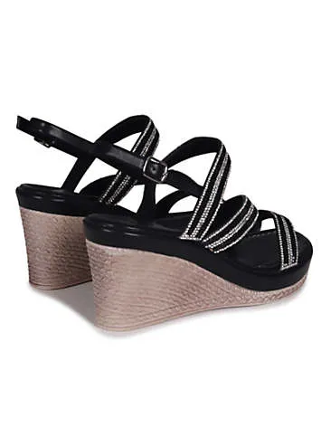 Bianco Black Faux Leather Painted Woven Wedge with Diamante Front Straps by Linzi | Look Again