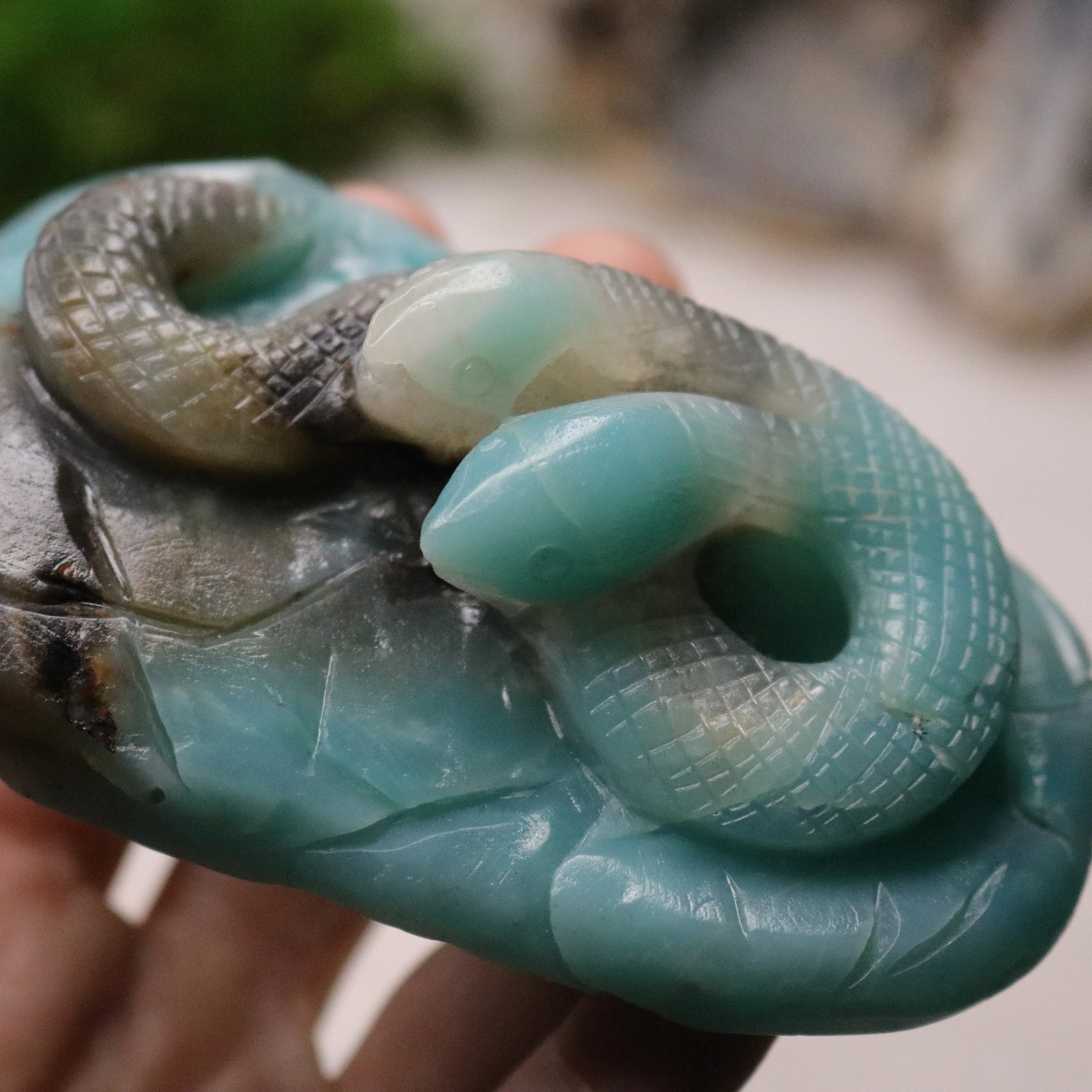 Blue Sky Opal Stone Carving ~ Two Headed Snake