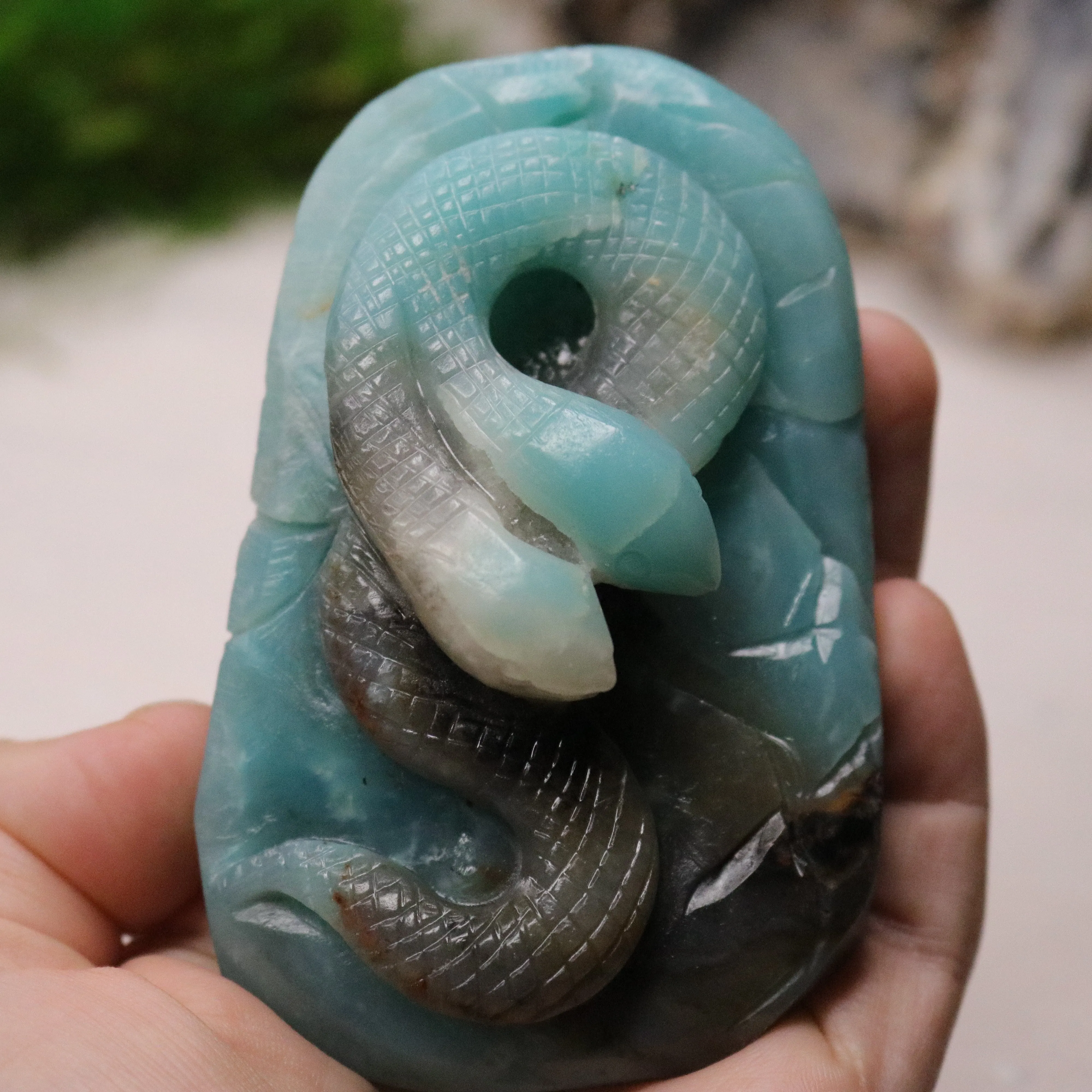 Blue Sky Opal Stone Carving ~ Two Headed Snake