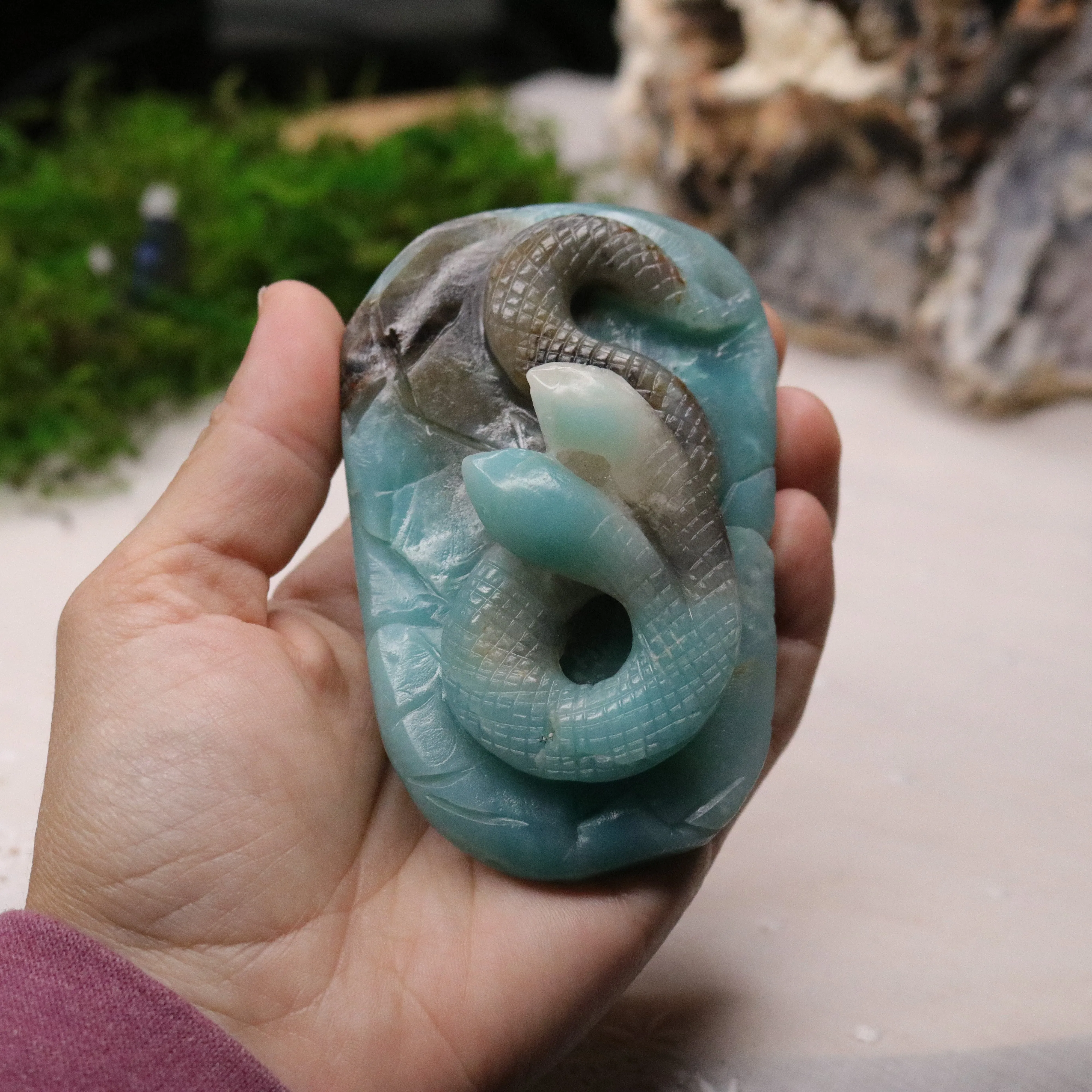 Blue Sky Opal Stone Carving ~ Two Headed Snake