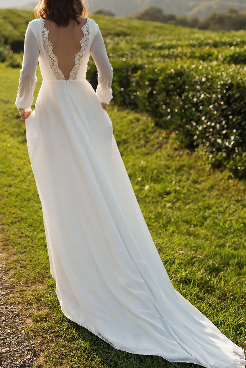 Boho Simple Crepe Wedding Dress with Sleeves ET3006