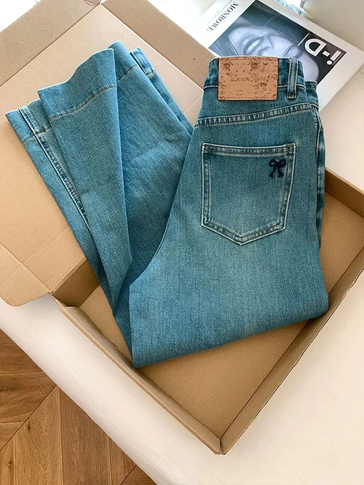 Bow-tie retro high-waisted jeans with wide legs, loose pipes, narrow straight pants, slim straight pants for women with small st