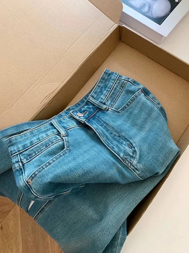 Bow-tie retro high-waisted jeans with wide legs, loose pipes, narrow straight pants, slim straight pants for women with small st