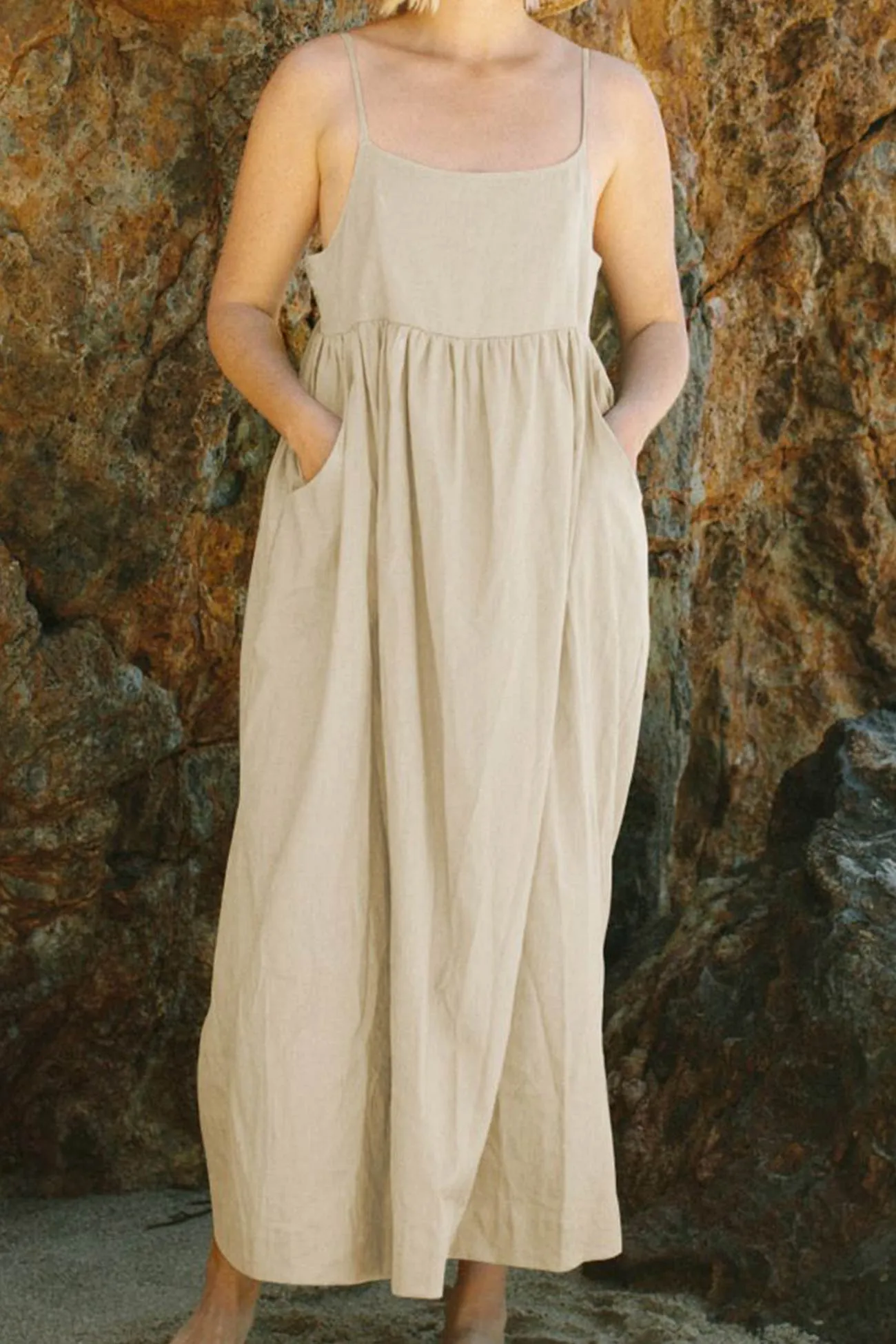 Button-back Pocketed Cotton Cami Dress