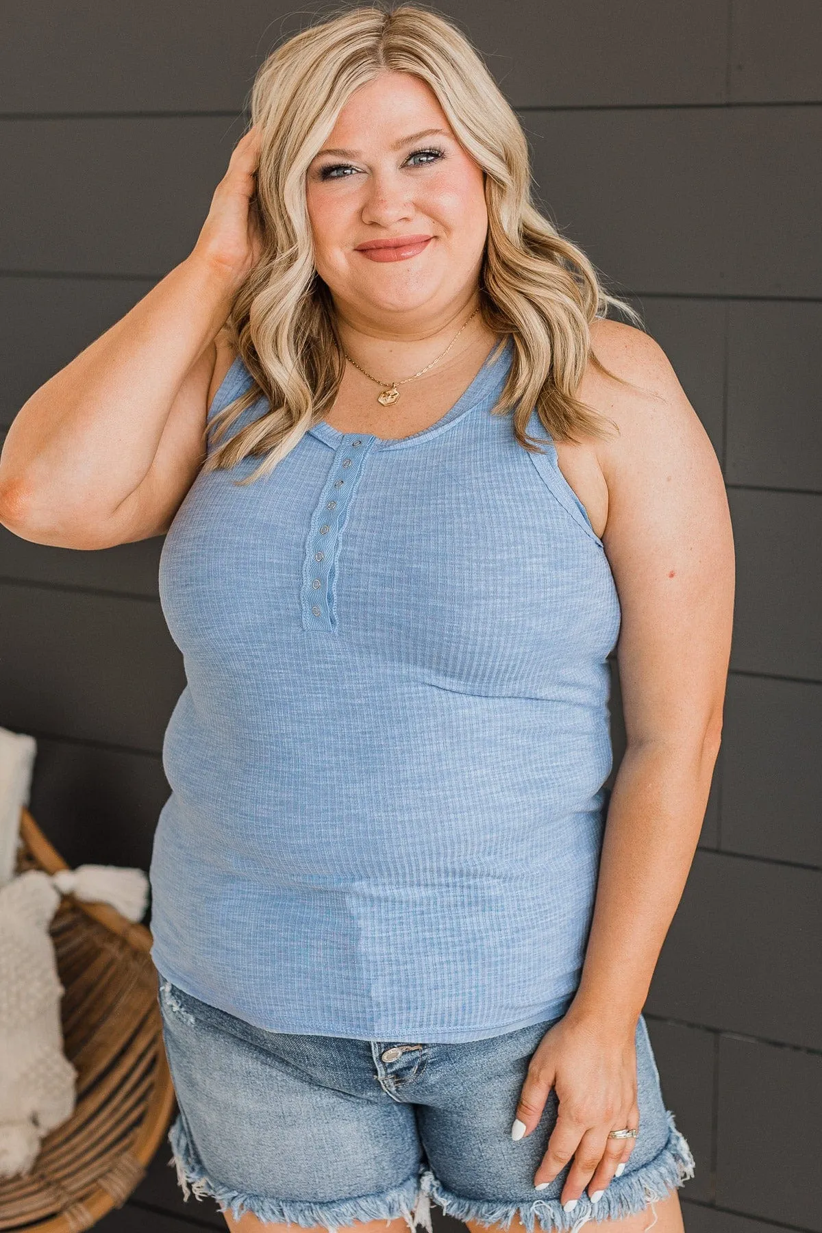 Casual Charm Ribbed Tank Top- Blue