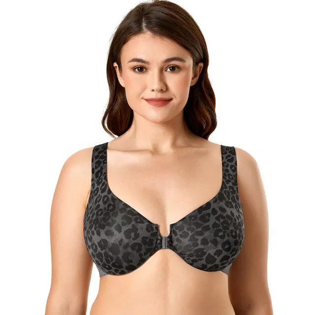 Charcoal Panthera Printed Front Closure Full Coverage Bra for Women