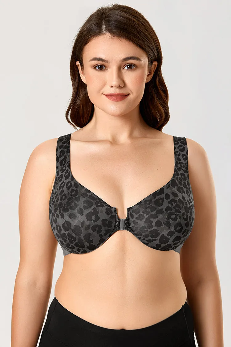 Charcoal Panthera Printed Front Closure Full Coverage Bra for Women