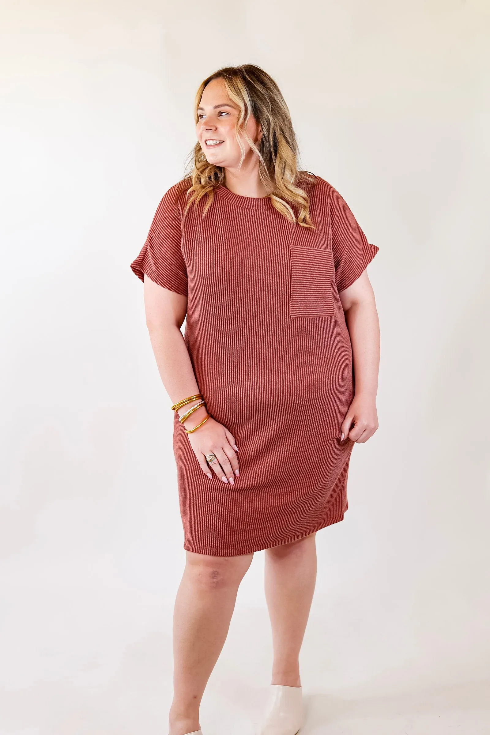 Coffee and Carefree Ribbed Short Sleeve Dress with Front Pocket in Rust Red