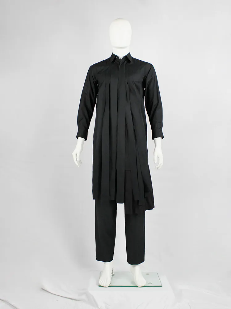 Comme des Garçons Comme black long shirt with torn strips hanging from the front — AD 2020