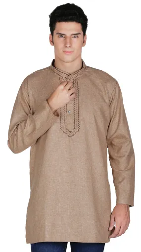 Cotton Mens Embroidered Short Kurta India Fashion Clothes (Brown)