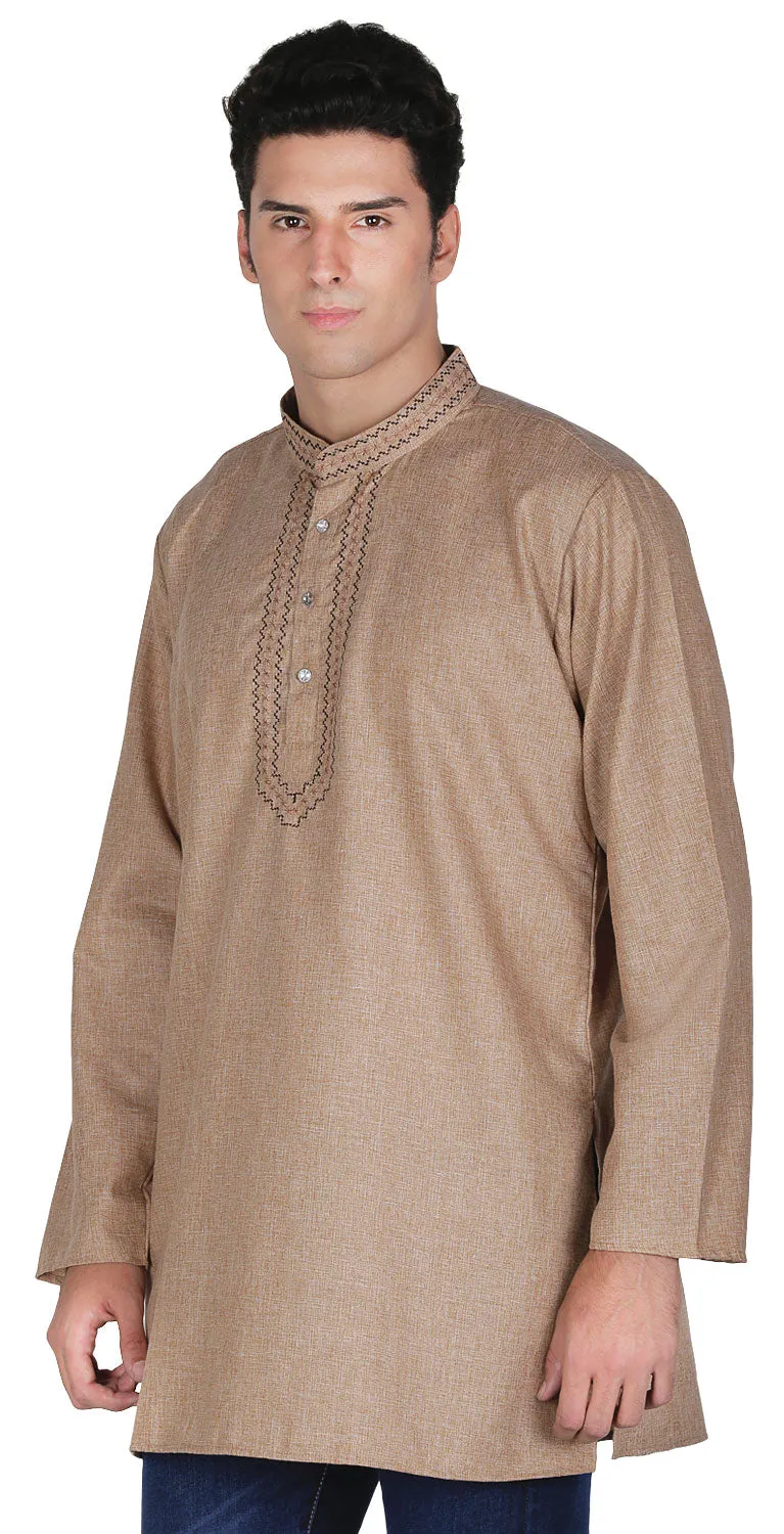 Cotton Mens Embroidered Short Kurta India Fashion Clothes (Brown)