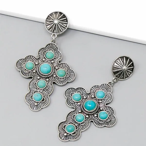 Cross Turquoise Embellished Western Earrings