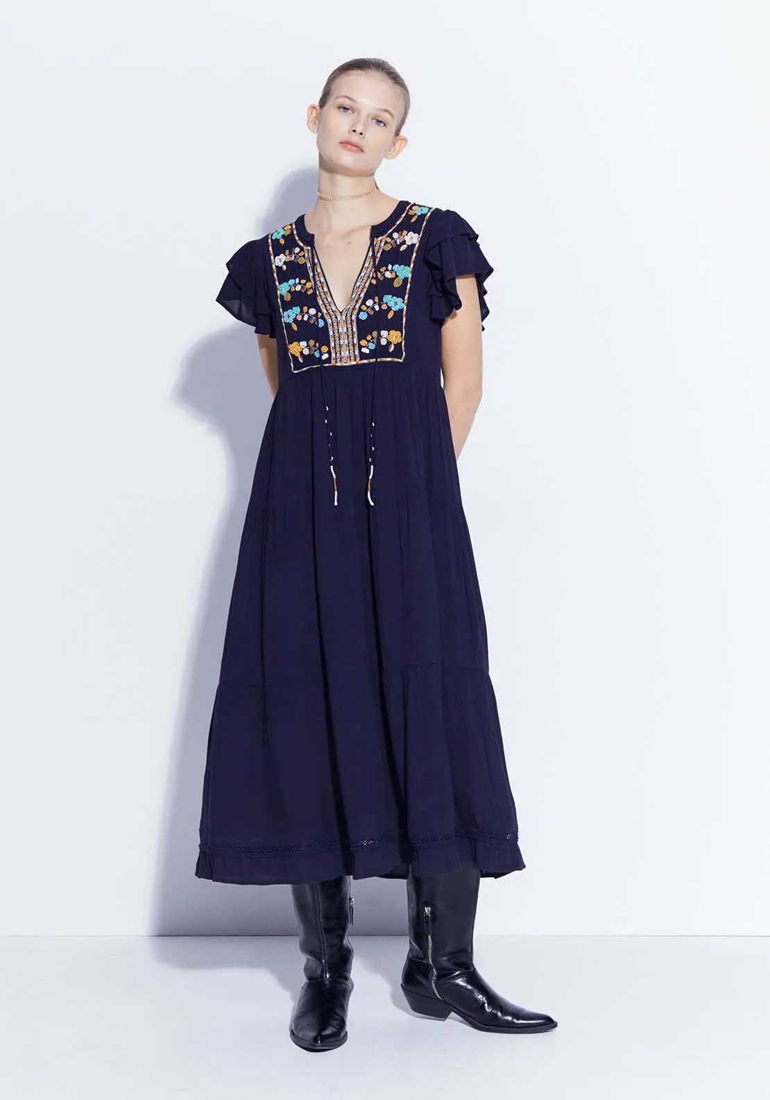 Embroidered front dress - Navy