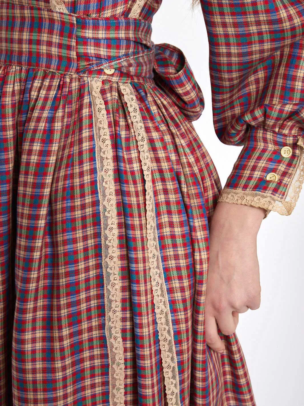 Fiorucci 1970s prairie dress with checked pattern and lace trimming