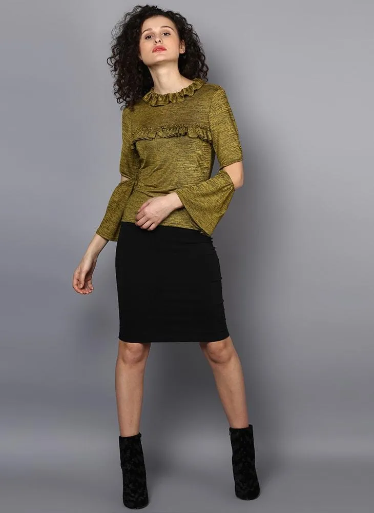 Frill Front Blouse with Elbow Cut-Out