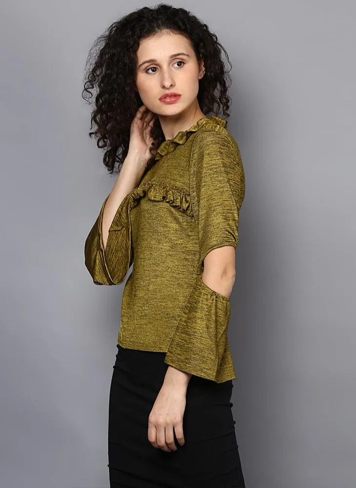 Frill Front Blouse with Elbow Cut-Out