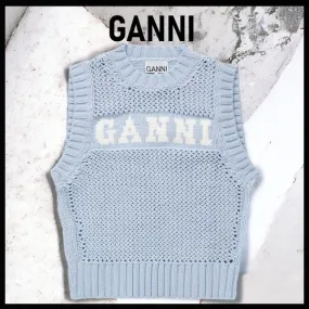 Ganni  |Casual Style Street Style Logo V-neck & Crew neck