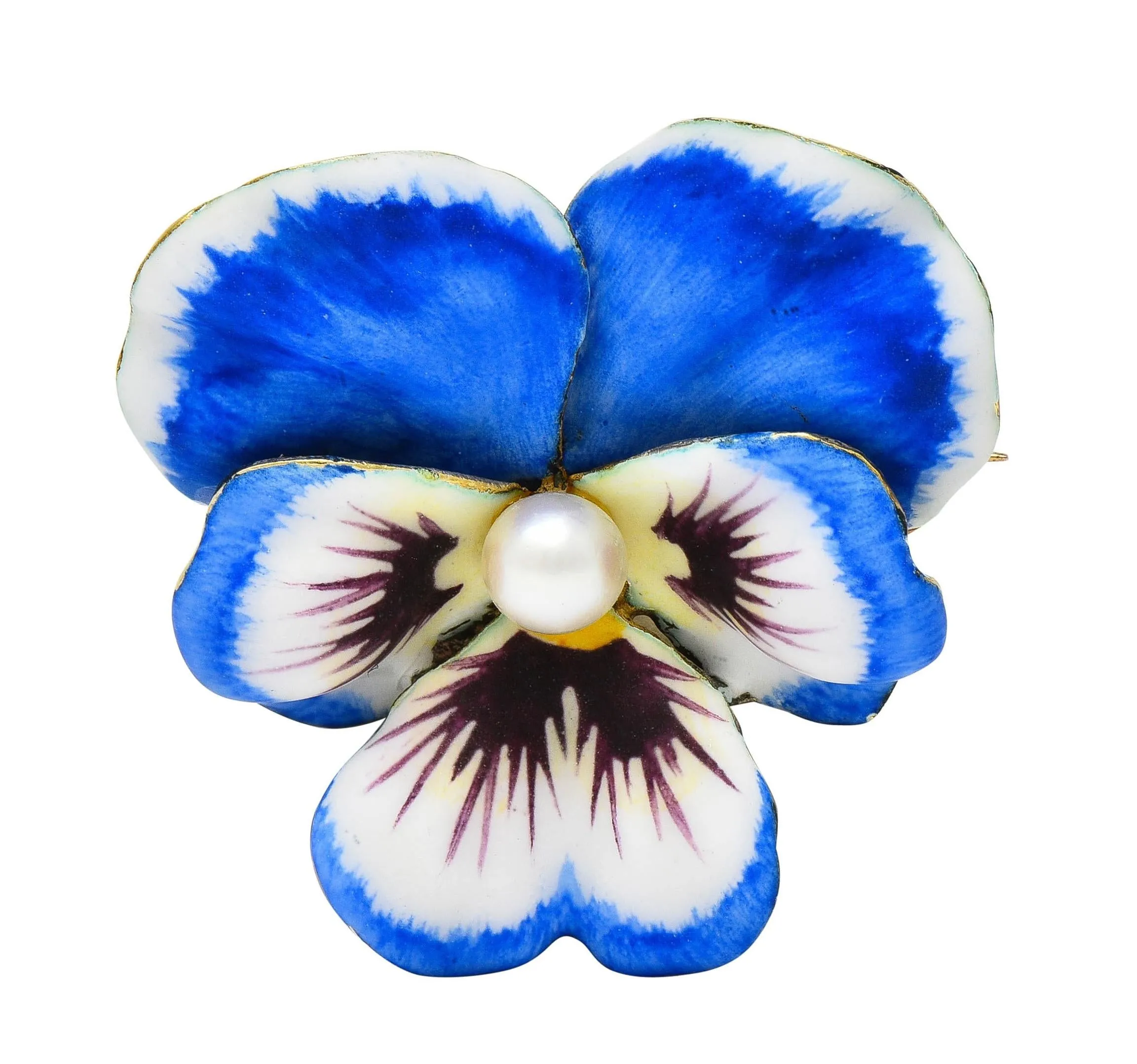 Henry Blank & Co. Art Nouveau Enamel Pearl 14 Karat Yellow Gold Antique Pansy Brooch