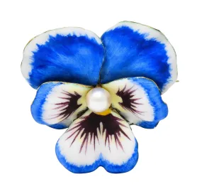 Henry Blank & Co. Art Nouveau Enamel Pearl 14 Karat Yellow Gold Antique Pansy Brooch