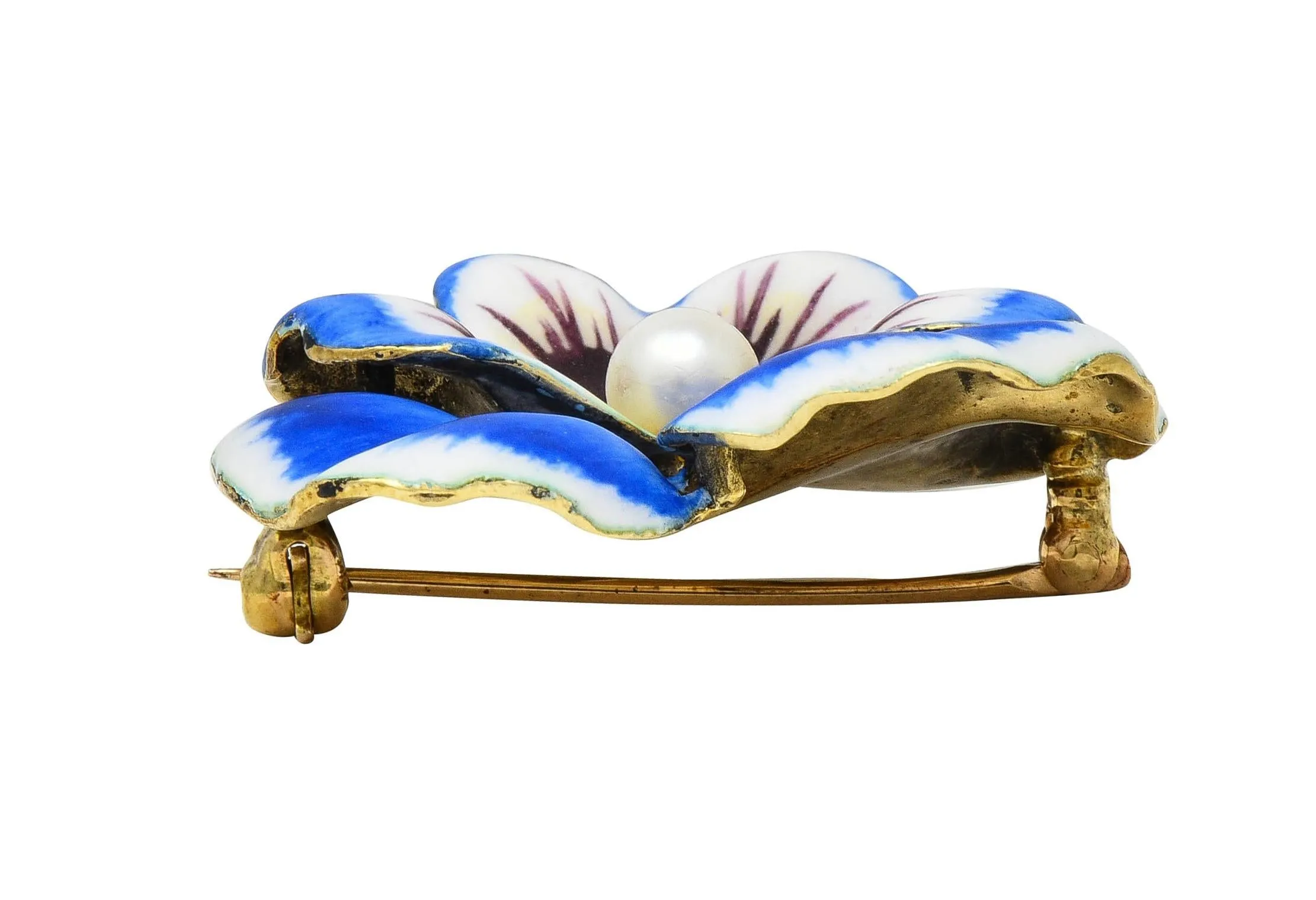 Henry Blank & Co. Art Nouveau Enamel Pearl 14 Karat Yellow Gold Antique Pansy Brooch