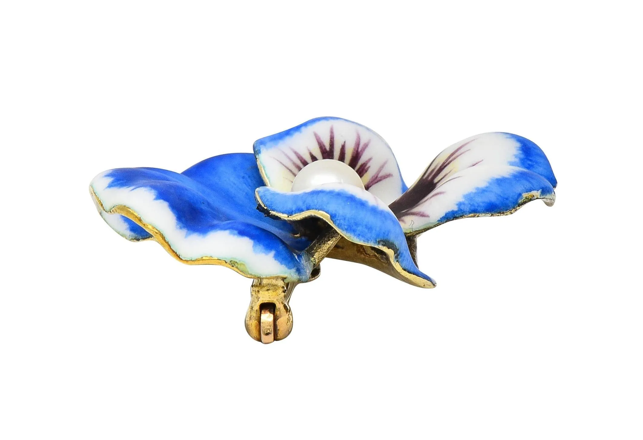 Henry Blank & Co. Art Nouveau Enamel Pearl 14 Karat Yellow Gold Antique Pansy Brooch