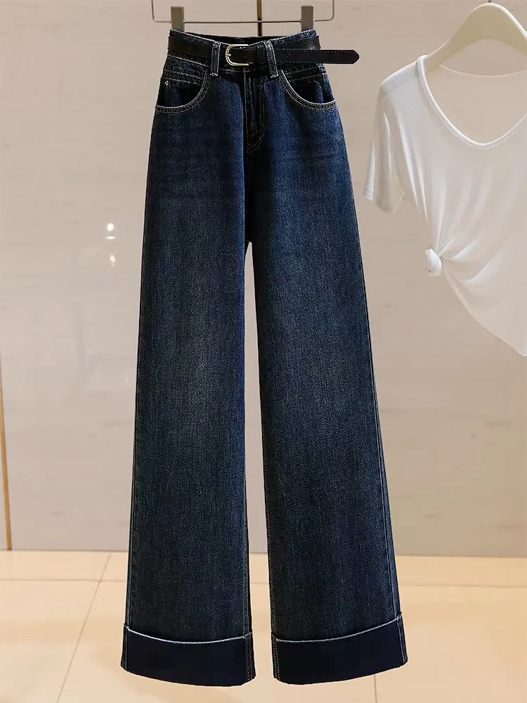 High-waisted wide-leg jeans for women 2024 autumn new style retro versatile loose slimming lazy relaxed straight pants
