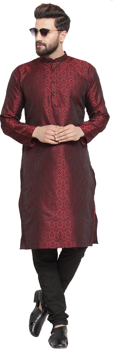 Indian Ethnic Jacquard Silk Men's Kurta Pyjama (Maroon)