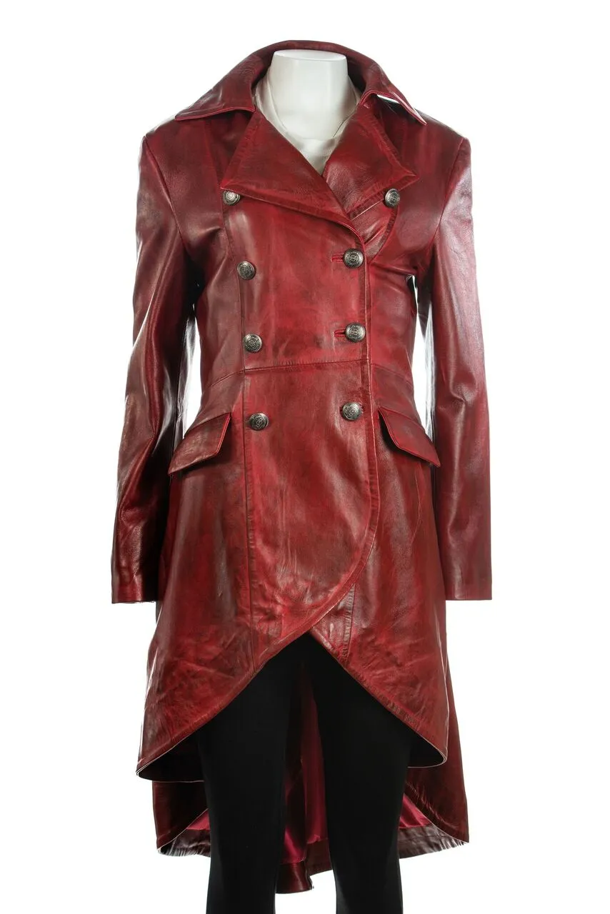 Ladies Red Leather Dip Hem Double Breasted Edwardian Military Style 3/4 Coat: Alessia