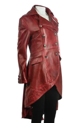 Ladies Red Leather Dip Hem Double Breasted Edwardian Military Style 3/4 Coat: Alessia