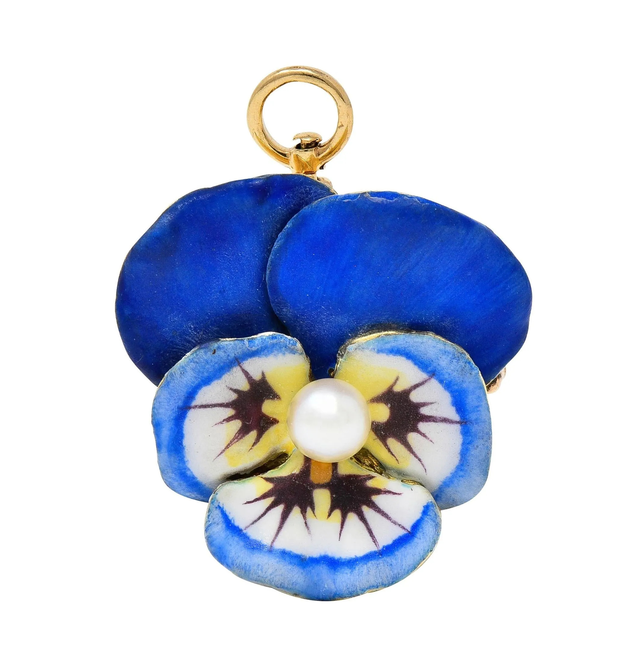 Larter & Son Art Nouveau Enamel Pearl 14 Karat Gold Antique Pansy Flower Pendant Brooch