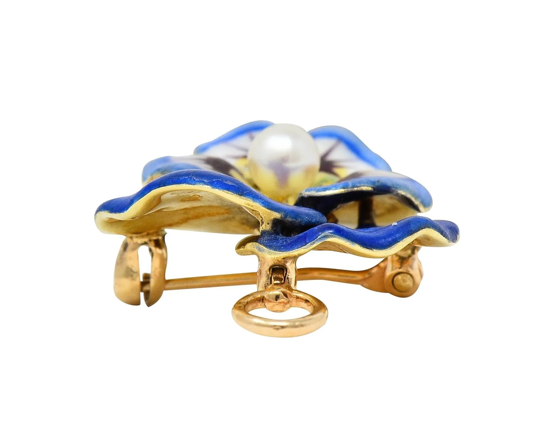 Larter & Son Art Nouveau Enamel Pearl 14 Karat Gold Antique Pansy Flower Pendant Brooch