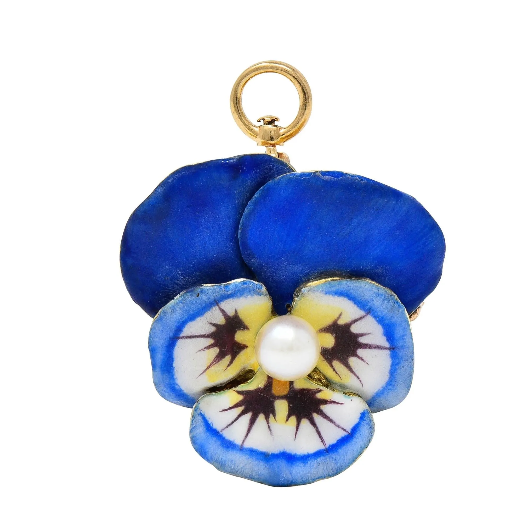 Larter & Son Art Nouveau Enamel Pearl 14 Karat Gold Antique Pansy Flower Pendant Brooch