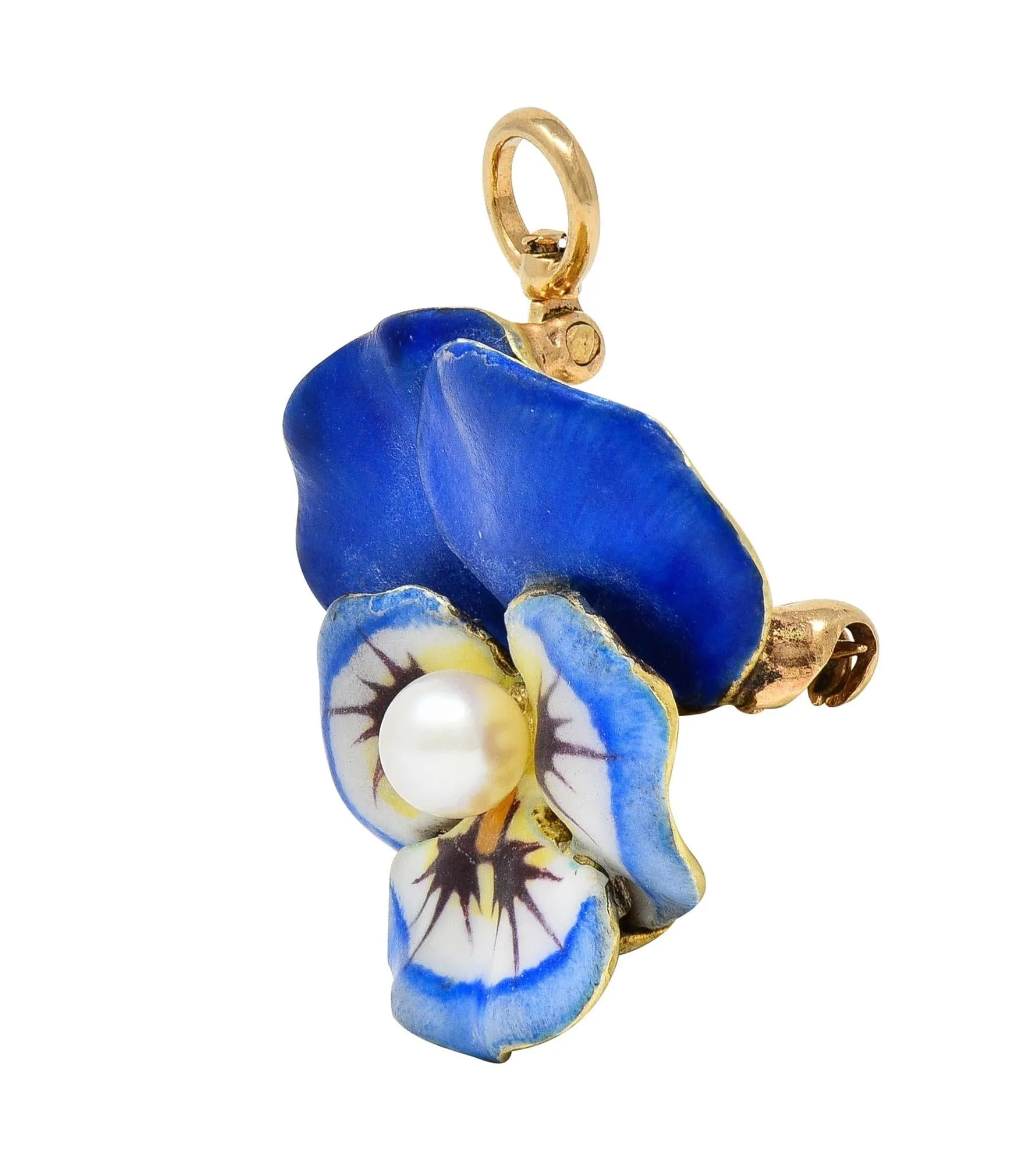 Larter & Son Art Nouveau Enamel Pearl 14 Karat Gold Antique Pansy Flower Pendant Brooch