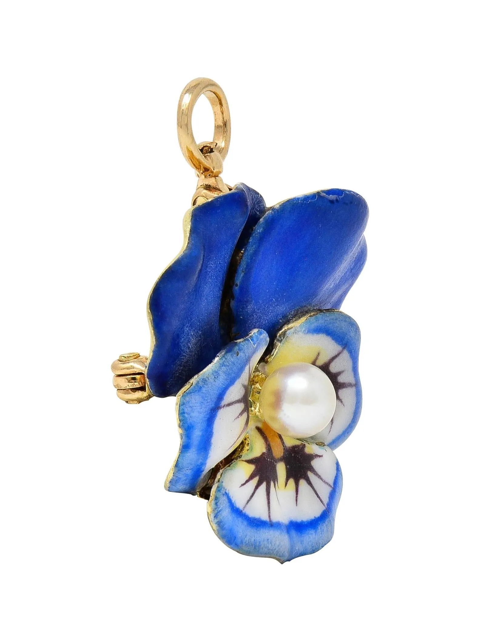 Larter & Son Art Nouveau Enamel Pearl 14 Karat Gold Antique Pansy Flower Pendant Brooch