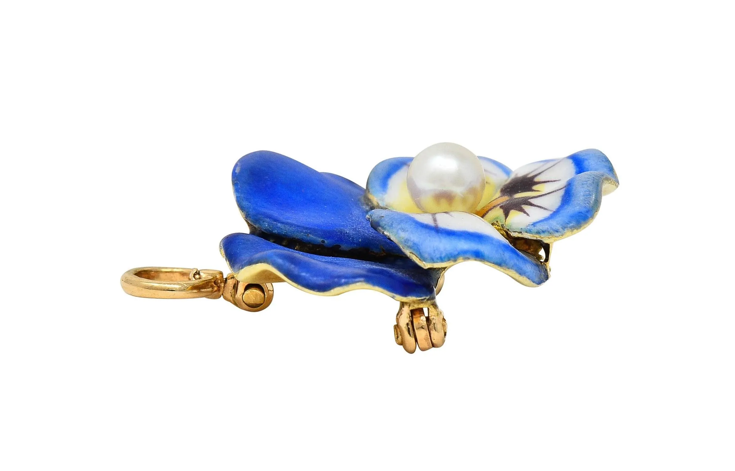 Larter & Son Art Nouveau Enamel Pearl 14 Karat Gold Antique Pansy Flower Pendant Brooch